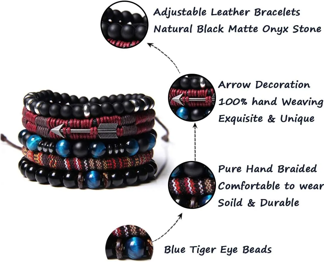 WAINIS Braided Leather Bracelets for Men Women Wrap Tiger Eye Lava Rock Beads Bracelet Woven Ethnic Tribal Rope Wristbands Bracelets Set Adjustable