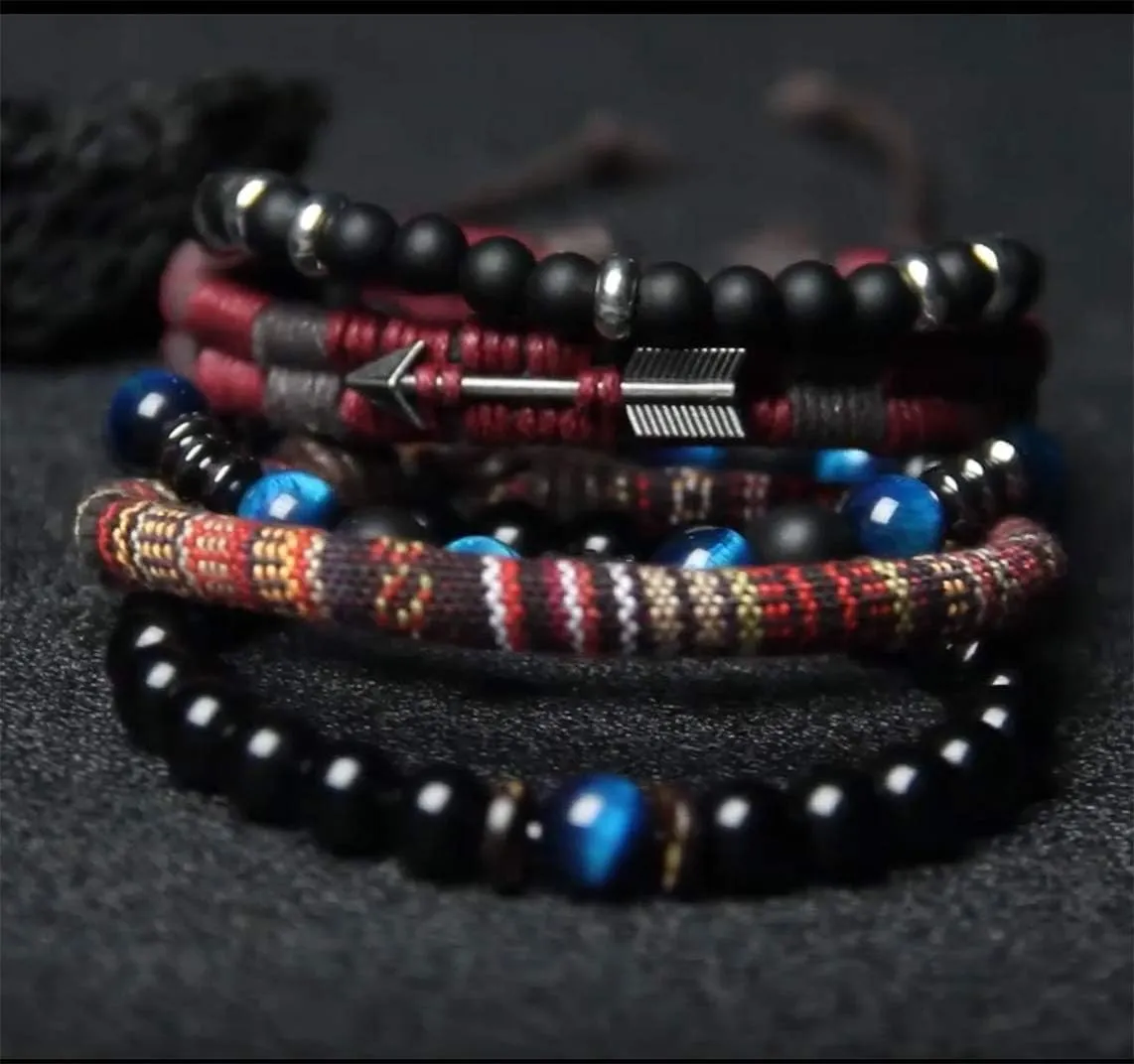 WAINIS Braided Leather Bracelets for Men Women Wrap Tiger Eye Lava Rock Beads Bracelet Woven Ethnic Tribal Rope Wristbands Bracelets Set Adjustable