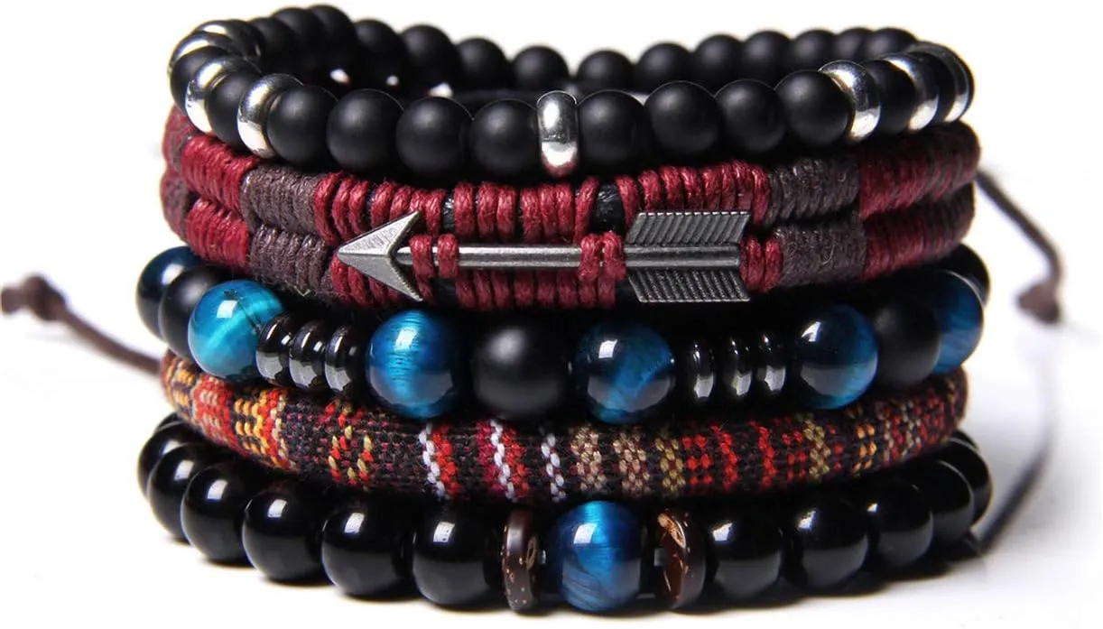 WAINIS Braided Leather Bracelets for Men Women Wrap Tiger Eye Lava Rock Beads Bracelet Woven Ethnic Tribal Rope Wristbands Bracelets Set Adjustable