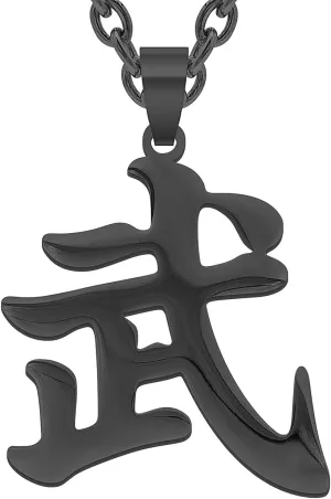 Warrior Samurai Bushido Black Kanji Necklaces for Japanese Stainless Steel Pendant Chain Necklace for Men Women