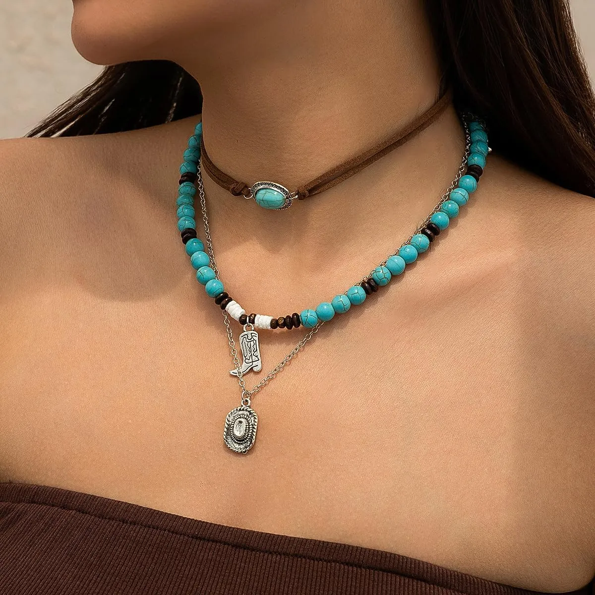 Western Turquoise Layered Chain Necklaces Brown Suede Choker Necklace Set Boho Jewelry Gifts for Women Cowgirls