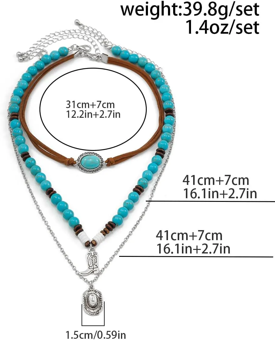 Western Turquoise Layered Chain Necklaces Brown Suede Choker Necklace Set Boho Jewelry Gifts for Women Cowgirls