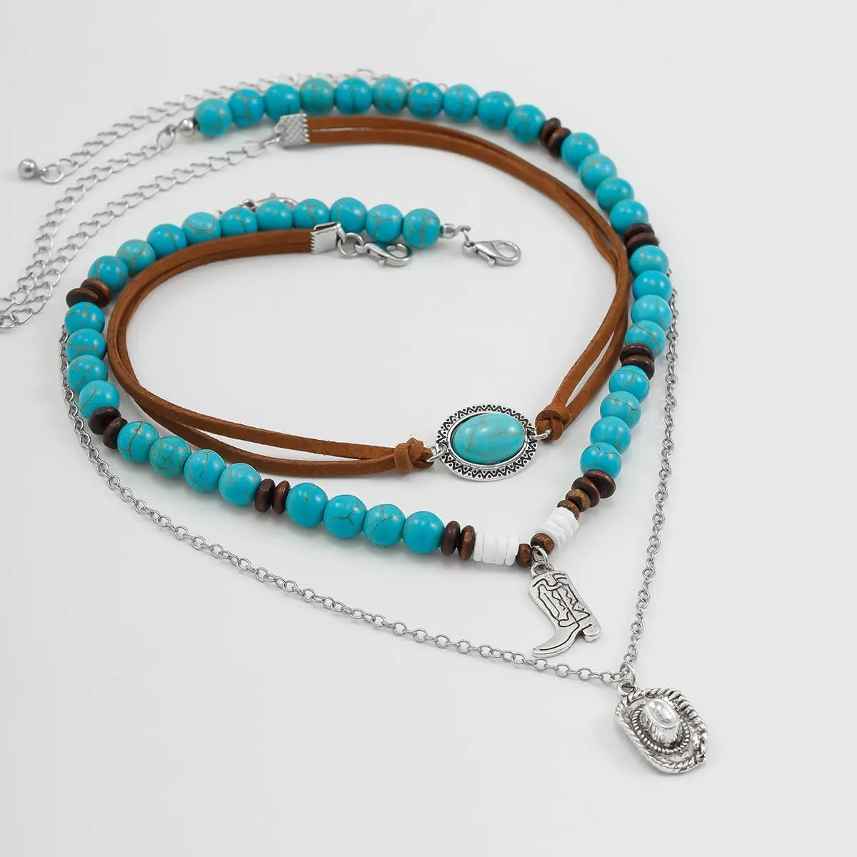 Western Turquoise Layered Chain Necklaces Brown Suede Choker Necklace Set Boho Jewelry Gifts for Women Cowgirls