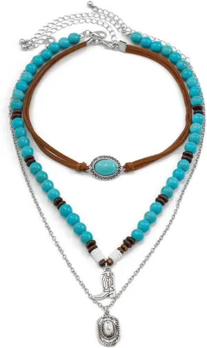Western Turquoise Layered Chain Necklaces Brown Suede Choker Necklace Set Boho Jewelry Gifts for Women Cowgirls
