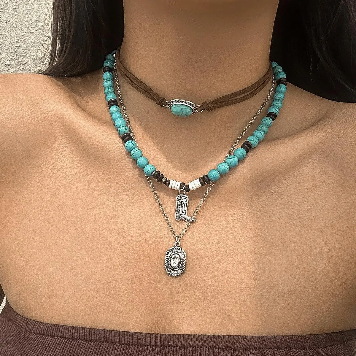 Western Turquoise Layered Chain Necklaces Brown Suede Choker Necklace Set Boho Jewelry Gifts for Women Cowgirls