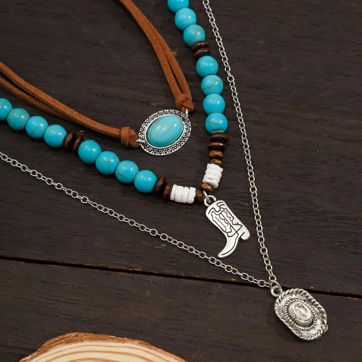 Western Turquoise Layered Chain Necklaces Brown Suede Choker Necklace Set Boho Jewelry Gifts for Women Cowgirls