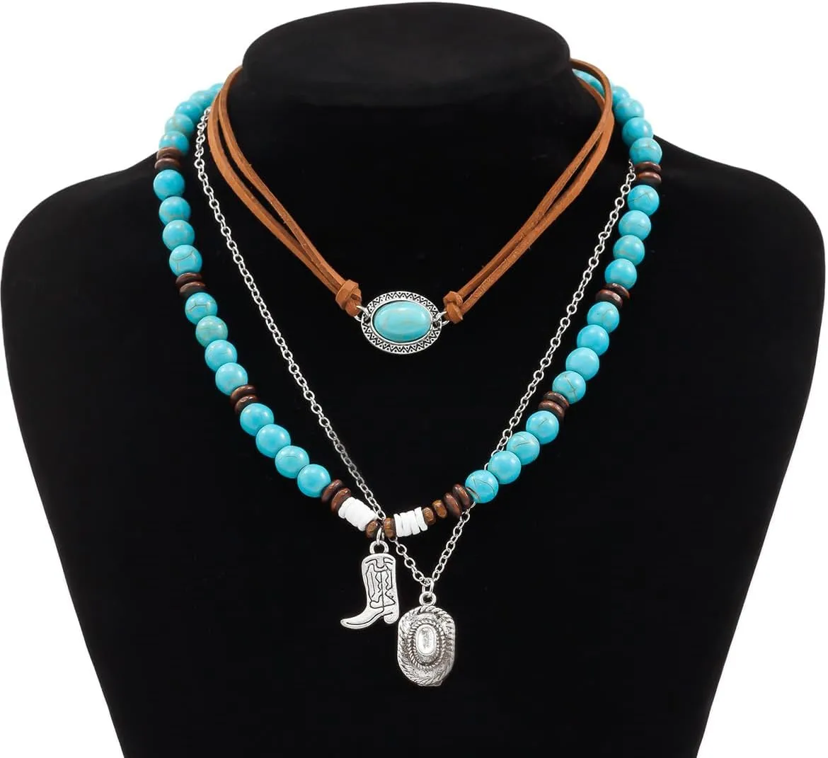 Western Turquoise Layered Chain Necklaces Brown Suede Choker Necklace Set Boho Jewelry Gifts for Women Cowgirls