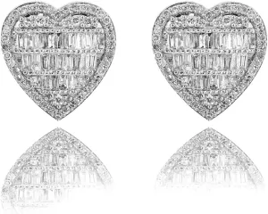 White Gold Plated 925 Sterling Silver Iced 5A Cz Cute Baguette Heart Stud Earrings Anniversary Valentines Day Gifts for Her Mothers Day Christmas Birthday Gifts for Mom Wife Women Jewelry