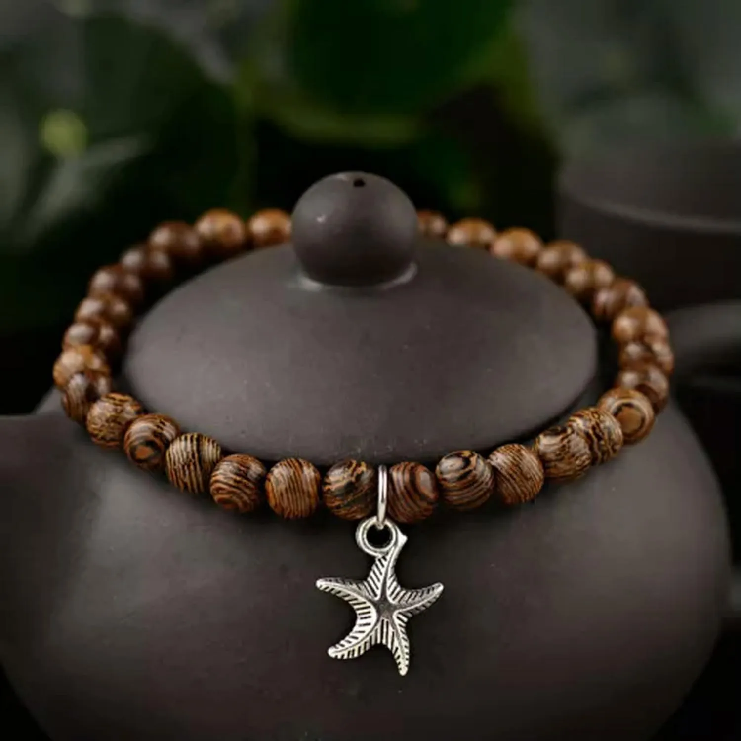 Women Men Wood Pendent Beaded Yoga Chakra Prayer Mala Buddha Bracelets Gift-Star