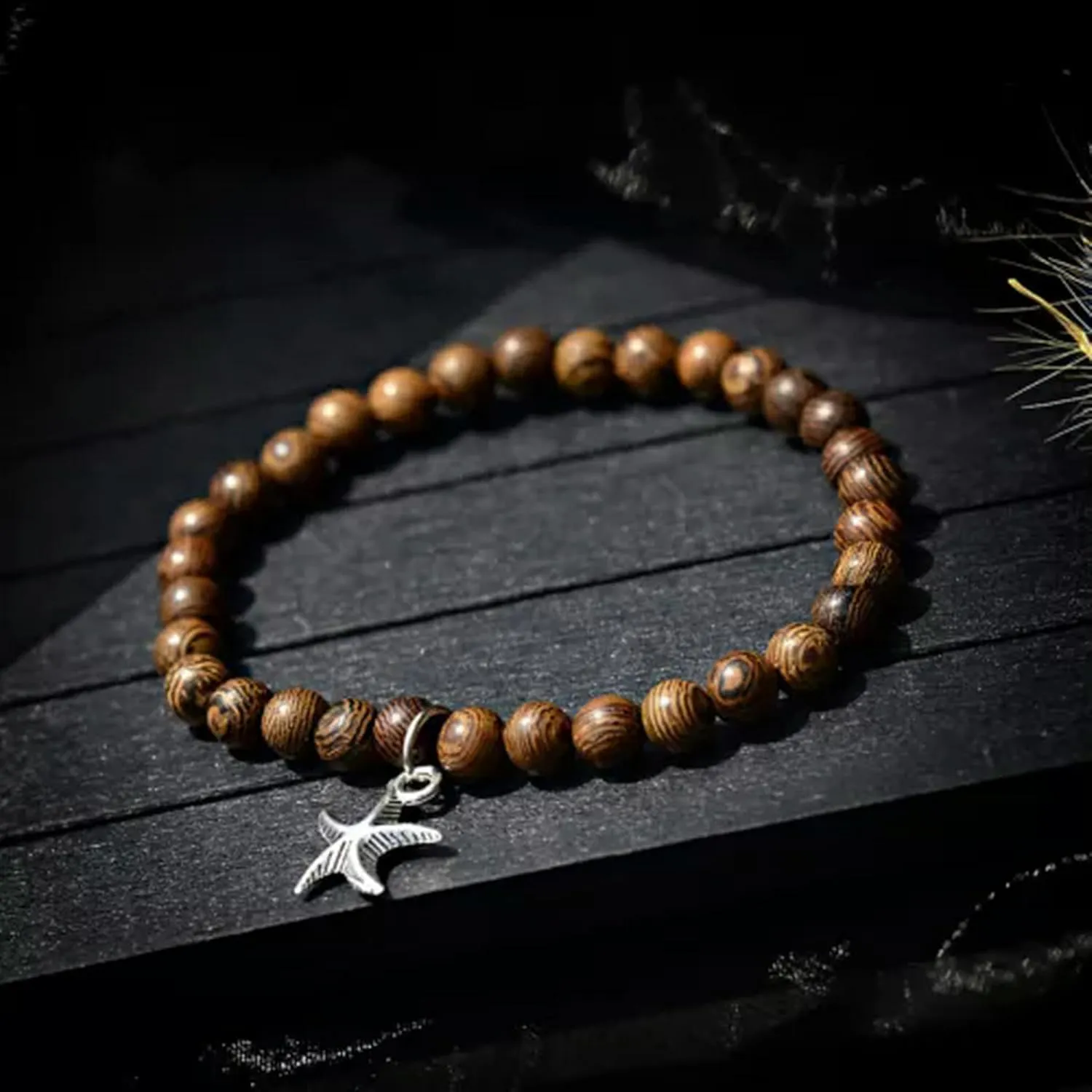 Women Men Wood Pendent Beaded Yoga Chakra Prayer Mala Buddha Bracelets Gift-Star