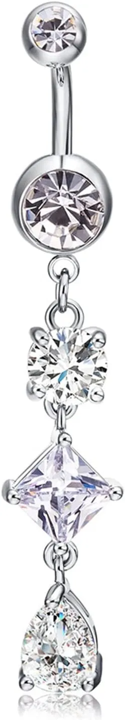 Women's Belly Rings, Stainless Steel Geometric Cubic Zirconia Navel Rings for Women, White 5.31G
