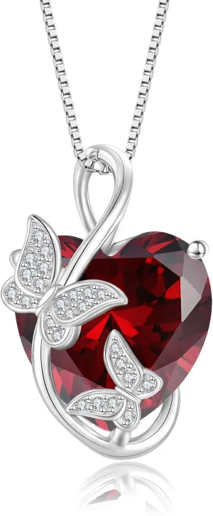 Women's Butterfly Heart Birthstone Pendant Necklaces 925 Sterling Silver 5A Cubic Zirconia Jewelry Gifts,Christmas Anniversary Birthday Gifts for Her