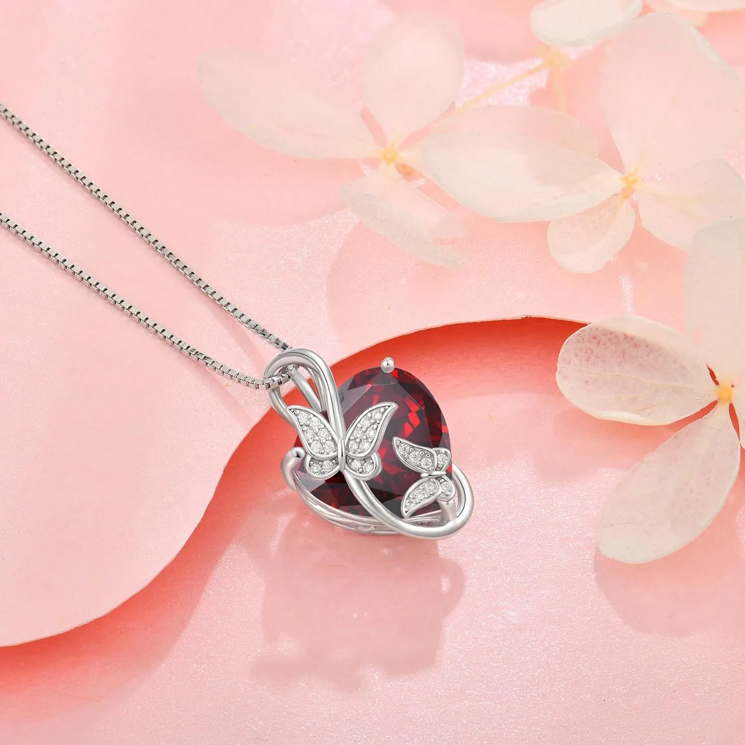 Women's Butterfly Heart Birthstone Pendant Necklaces 925 Sterling Silver 5A Cubic Zirconia Jewelry Gifts,Christmas Anniversary Birthday Gifts for Her