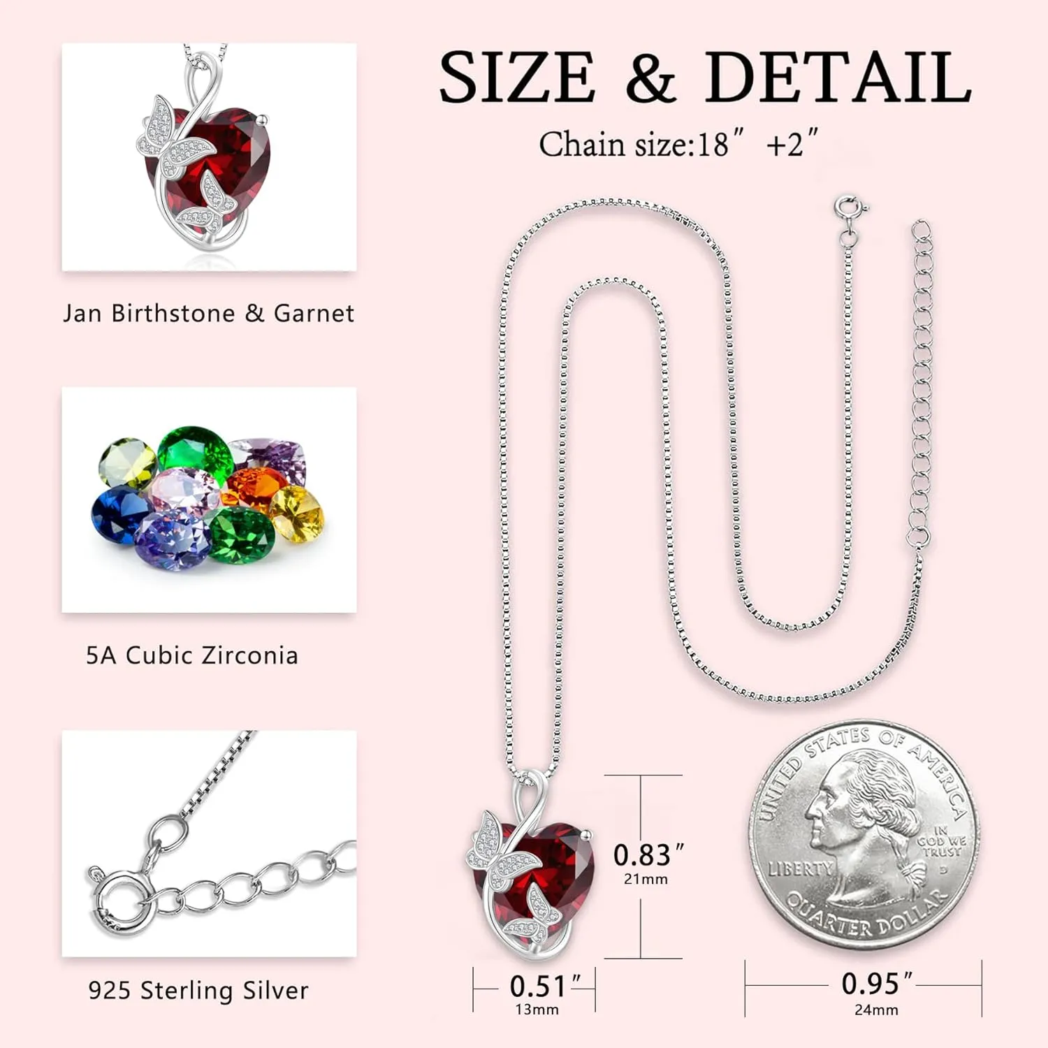 Women's Butterfly Heart Birthstone Pendant Necklaces 925 Sterling Silver 5A Cubic Zirconia Jewelry Gifts,Christmas Anniversary Birthday Gifts for Her