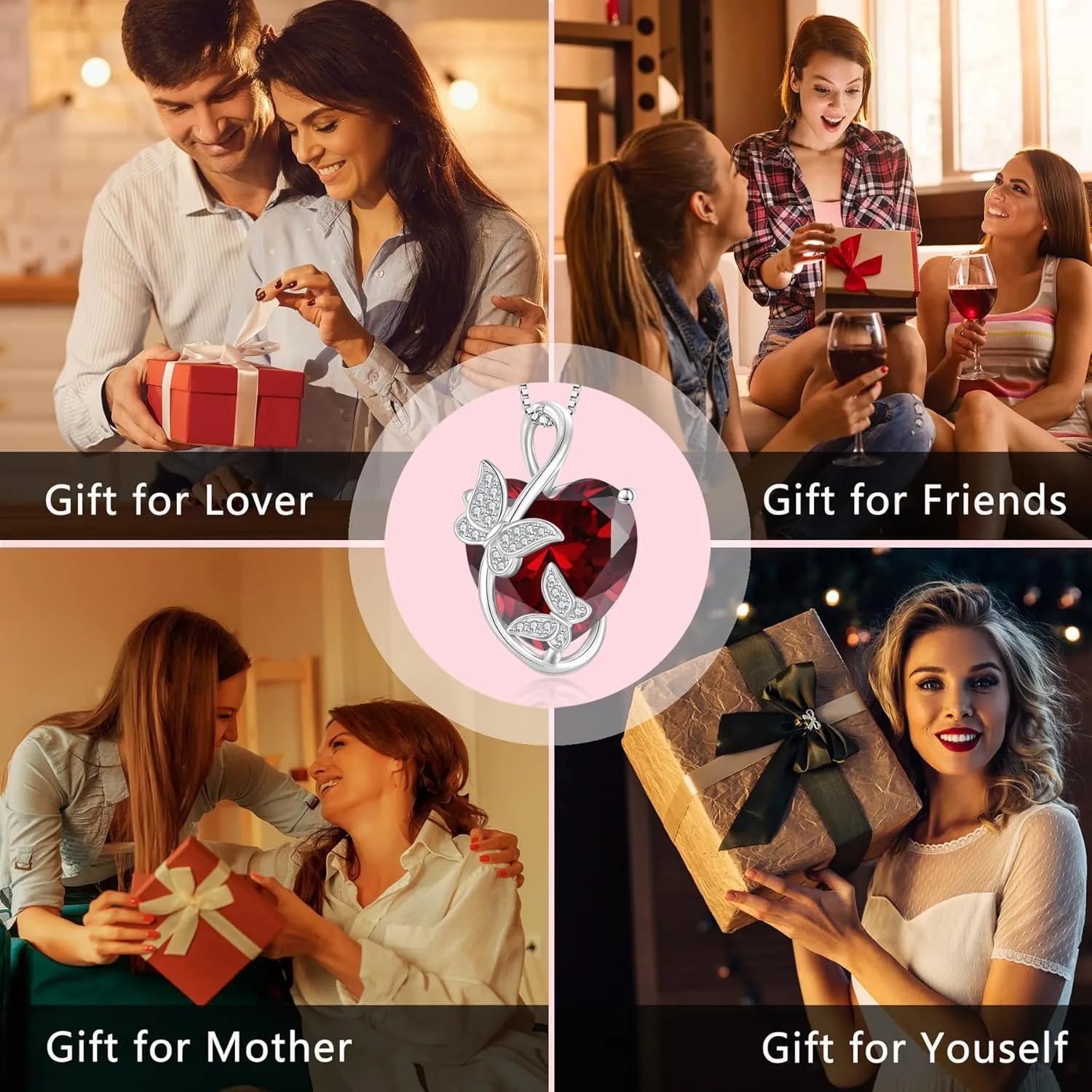 Women's Butterfly Heart Birthstone Pendant Necklaces 925 Sterling Silver 5A Cubic Zirconia Jewelry Gifts,Christmas Anniversary Birthday Gifts for Her