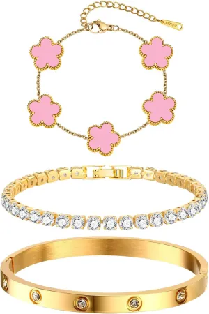 Womens Stackable Floral Gold Bracelets - 3Pcs 18K Gold Plated Bracelet,Stainless Steel Bangle Bracelets Non Tarnish, Gold Bracelet Set Trendy Jewelry,Christmas Valentines Birthday Gifts for Girlfriend