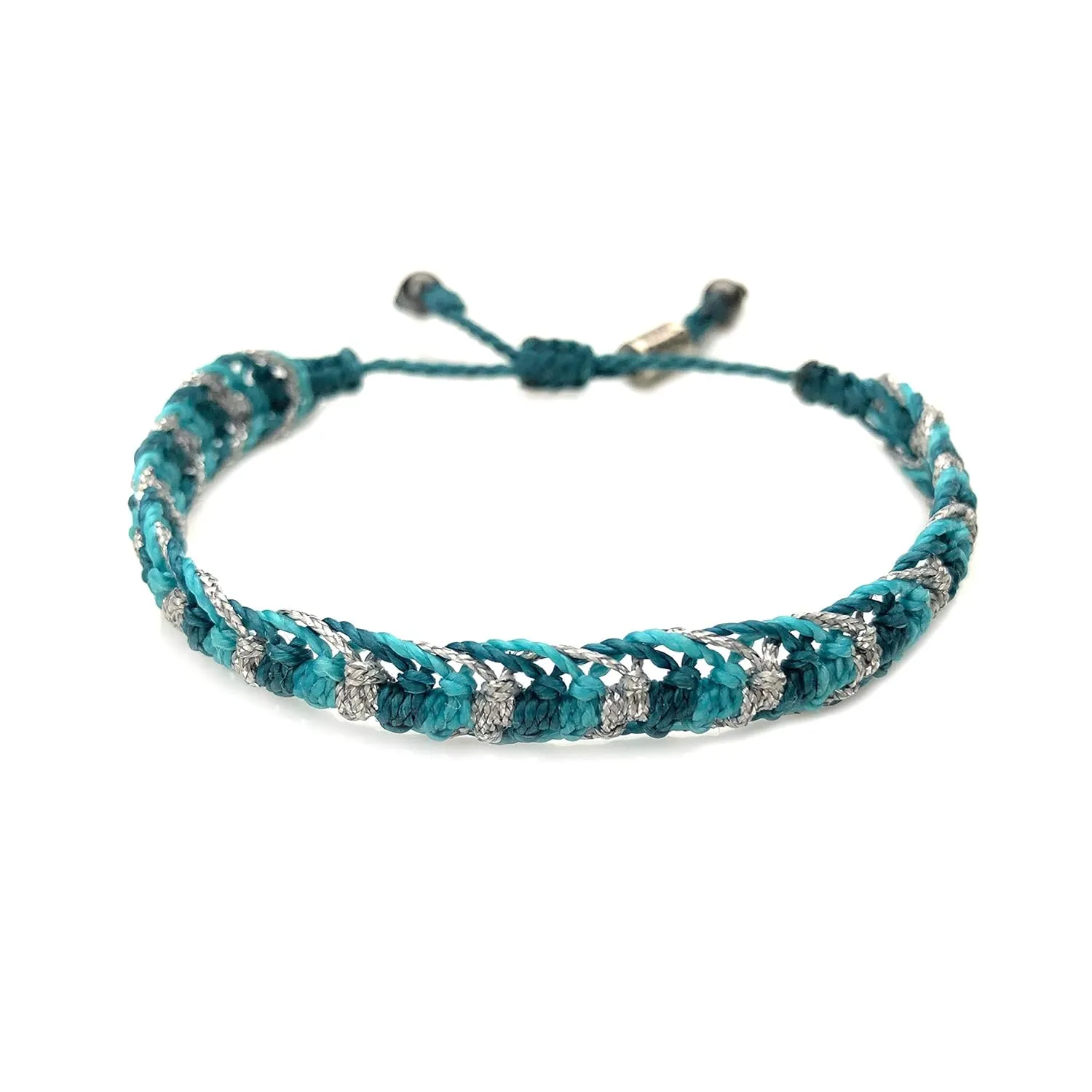 Woven Braided Rope Bracelet in Teal, Aqua and Metallic Silver Cord with Hematite Stones: Handmade Drawstring Size Adjustable Waterproof Beach Bracelet by Rumi Sumaq
