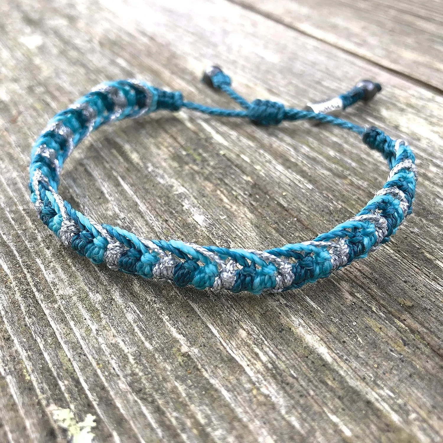 Woven Braided Rope Bracelet in Teal, Aqua and Metallic Silver Cord with Hematite Stones: Handmade Drawstring Size Adjustable Waterproof Beach Bracelet by Rumi Sumaq
