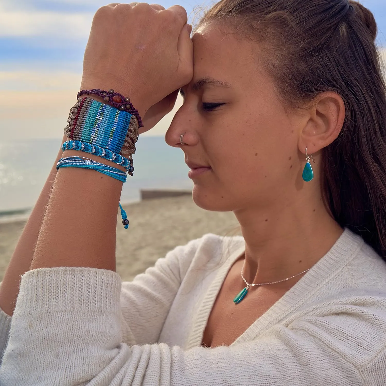 Woven Braided Rope Bracelet in Teal, Aqua and Metallic Silver Cord with Hematite Stones: Handmade Drawstring Size Adjustable Waterproof Beach Bracelet by Rumi Sumaq