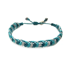 Woven Braided Rope Bracelet in Teal, Aqua and Metallic Silver Cord with Hematite Stones: Handmade Drawstring Size Adjustable Waterproof Beach Bracelet by Rumi Sumaq