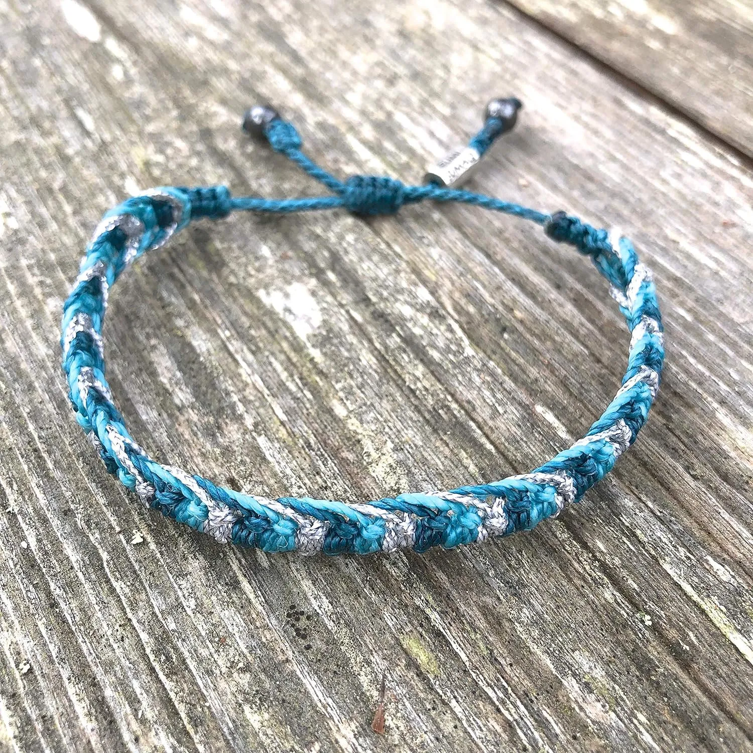 Woven Braided Rope Bracelet in Teal, Aqua and Metallic Silver Cord with Hematite Stones: Handmade Drawstring Size Adjustable Waterproof Beach Bracelet by Rumi Sumaq