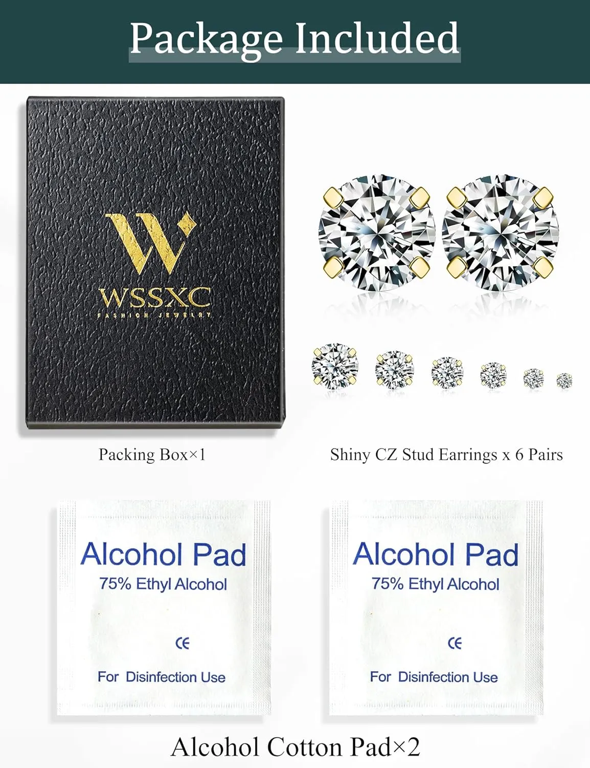 Wssxc 6 Pairs Hypoallergenic Cubic Zirconia Earrings Surgical Steel Flat Back Studs for Cartilage, Screw Back Fashion Jewelry