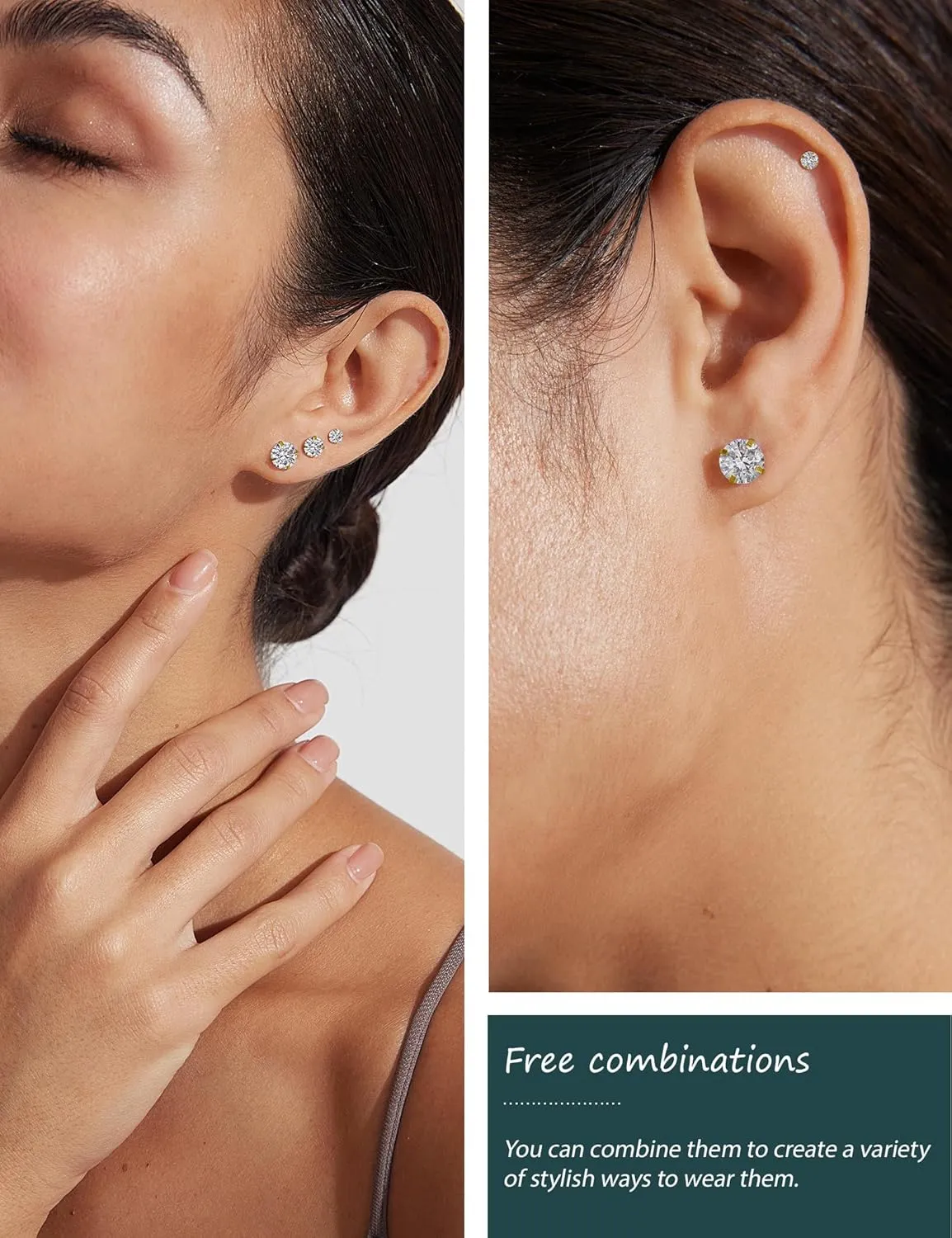 Wssxc 6 Pairs Hypoallergenic Cubic Zirconia Earrings Surgical Steel Flat Back Studs for Cartilage, Screw Back Fashion Jewelry