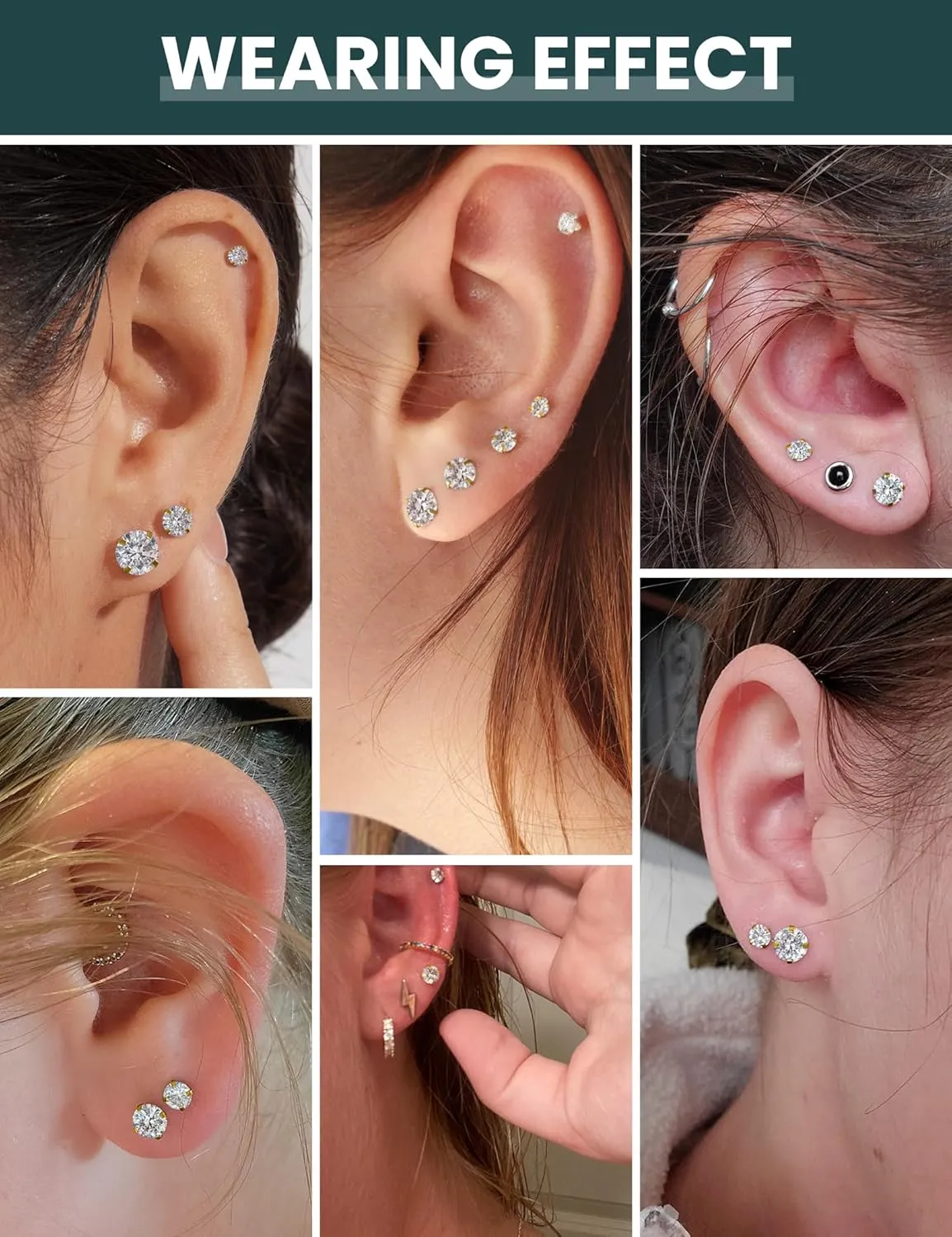 Wssxc 6 Pairs Hypoallergenic Cubic Zirconia Earrings Surgical Steel Flat Back Studs for Cartilage, Screw Back Fashion Jewelry