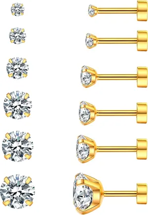 Wssxc 6 Pairs Hypoallergenic Cubic Zirconia Earrings Surgical Steel Flat Back Studs for Cartilage, Screw Back Fashion Jewelry