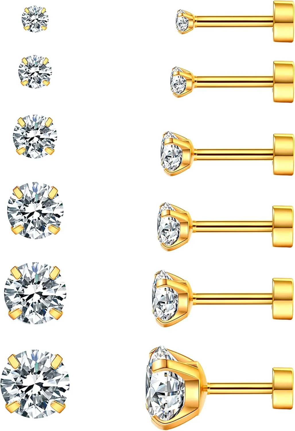 Wssxc 6 Pairs Hypoallergenic Cubic Zirconia Earrings Surgical Steel Flat Back Studs for Cartilage, Screw Back Fashion Jewelry