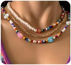 Xerling Dainty Floral Flower Faux Pearl Seed Beads Necklace Colorful Glass Flower Punk Multi-layered Cuban Chain Summer Party Choker Necklaces for Women