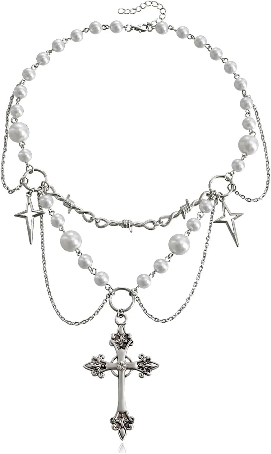 Y2k Layered Pearl Cross Necklace for Women,Gothic Chunky Silver Beaded Cross Pearl Necklaces,Chrome Hearts Necklace Pendant Choker Y2K Jewelry