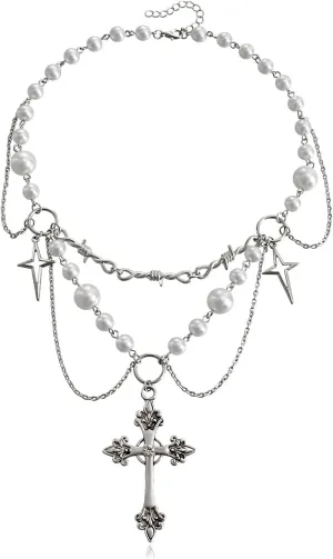 Y2k Layered Pearl Cross Necklace for Women,Gothic Chunky Silver Beaded Cross Pearl Necklaces,Chrome Hearts Necklace Pendant Choker Y2K Jewelry