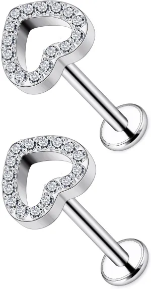 Yaalozei 16G G23 Titanium Heart Tragus Cartilage Earrings Stud Flat Back Cartilage Helix Earrings Piercing Jewelry for Women Internally Threaded Short Bar 6mm