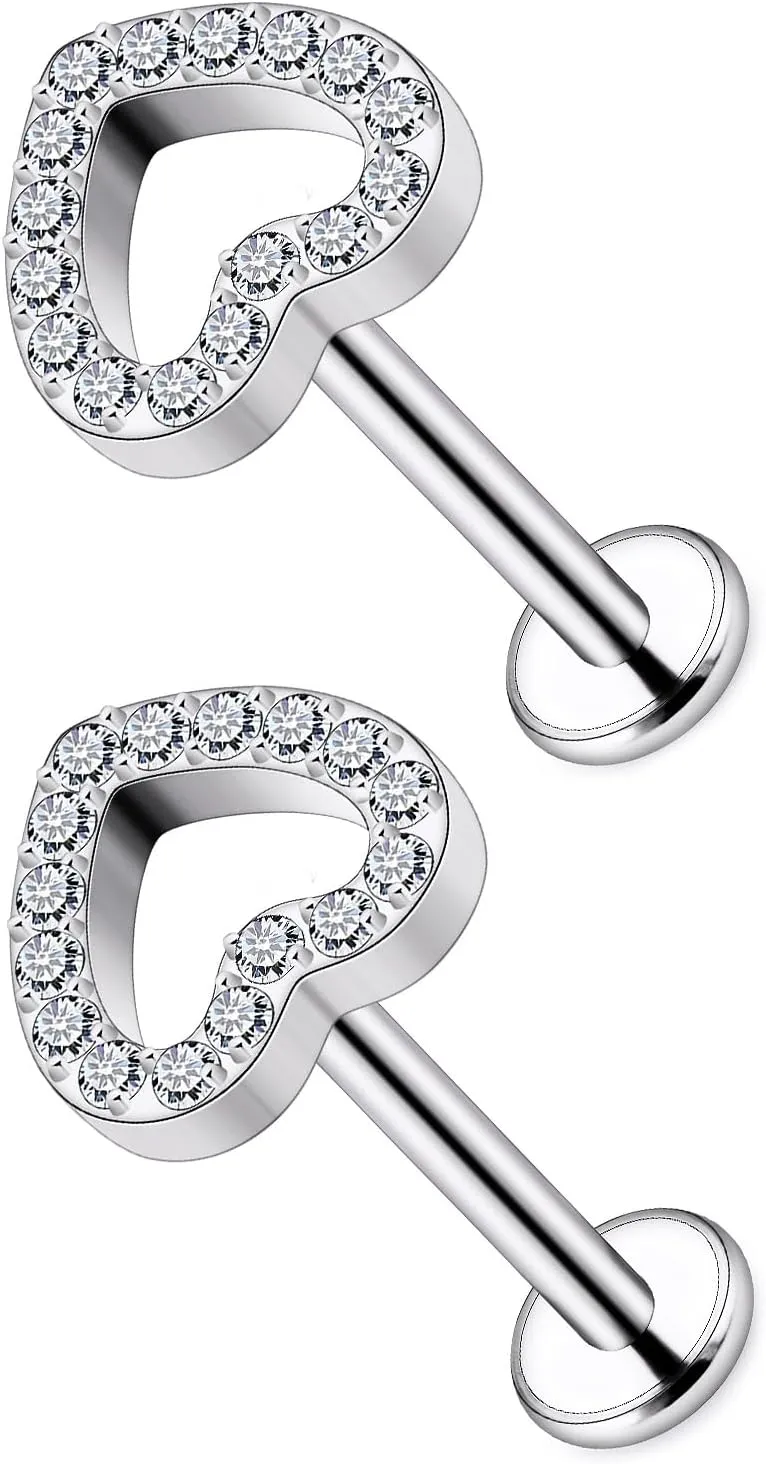 Yaalozei 16G G23 Titanium Heart Tragus Cartilage Earrings Stud Flat Back Cartilage Helix Earrings Piercing Jewelry for Women Internally Threaded Short Bar 6mm