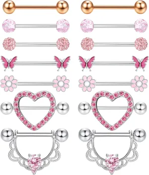YADOCA 7Pairs 14G Nipple Rings for Women Surgical Steel Nipple Piercing Jewelry CZ Ball Heart Butterfly Flower Nipple Tongue Barbell Body Piercing Jewelry