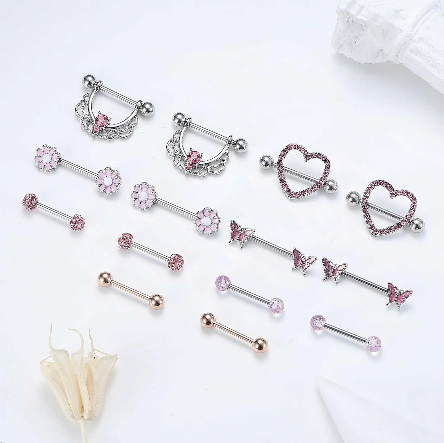 YADOCA 7Pairs 14G Nipple Rings for Women Surgical Steel Nipple Piercing Jewelry CZ Ball Heart Butterfly Flower Nipple Tongue Barbell Body Piercing Jewelry
