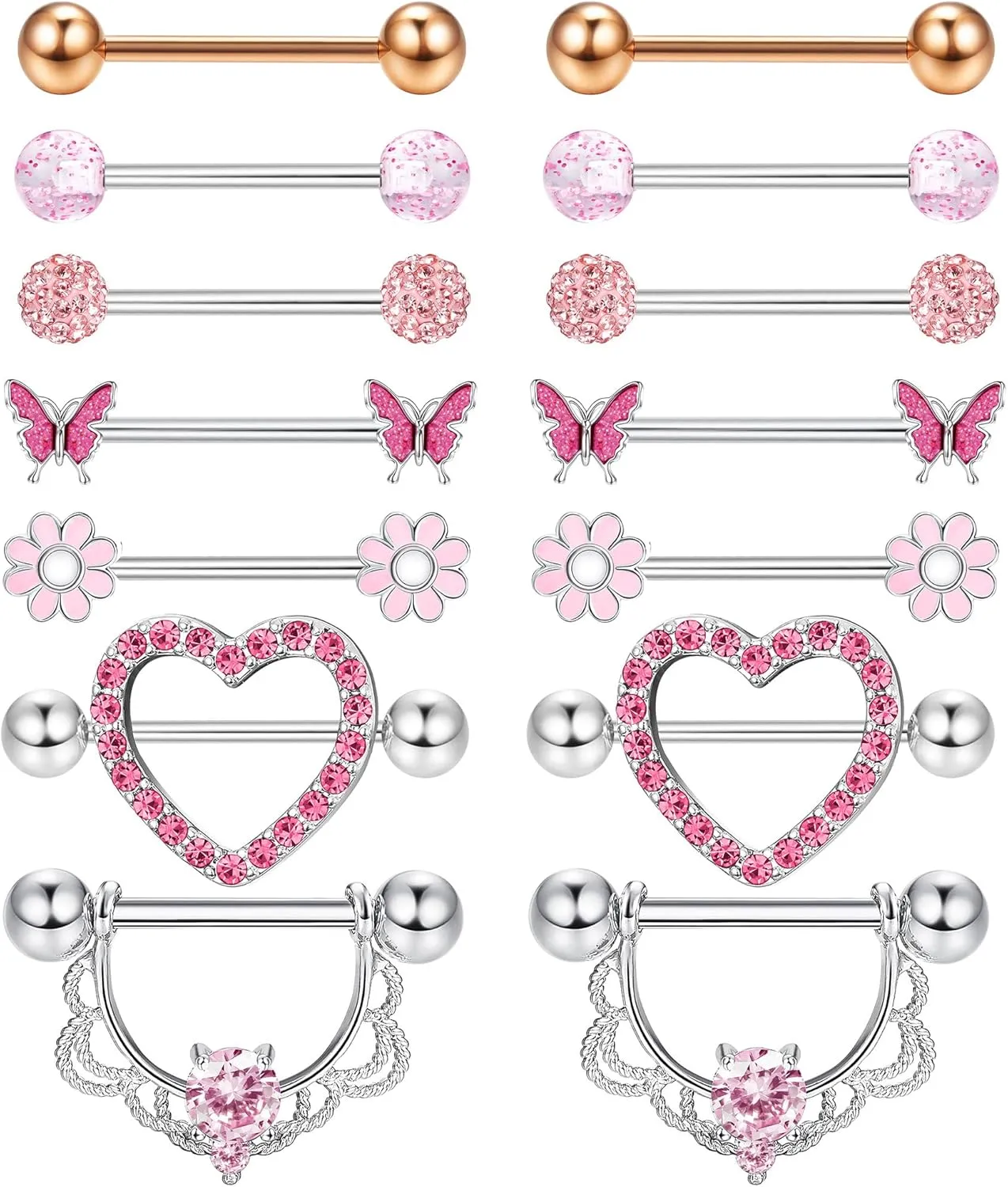 YADOCA 7Pairs 14G Nipple Rings for Women Surgical Steel Nipple Piercing Jewelry CZ Ball Heart Butterfly Flower Nipple Tongue Barbell Body Piercing Jewelry