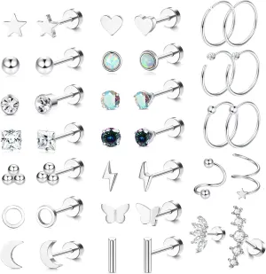 YADOCA Surgical Steel Stud Earrings Set - Women & Men's Small CZ Heart Star Moon Flat Back Earrings - Hypoallergenic 20G Tiny Cartilage Stud Hoops Helix Tragus Daith Piercing Jewelry