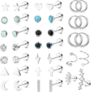 YADOCA Surgical Steel Stud Earrings Set - Women & Men's Small CZ Heart Star Moon Flat Back Earrings - Hypoallergenic 20G Tiny Cartilage Stud Hoops Helix Tragus Daith Piercing Jewelry