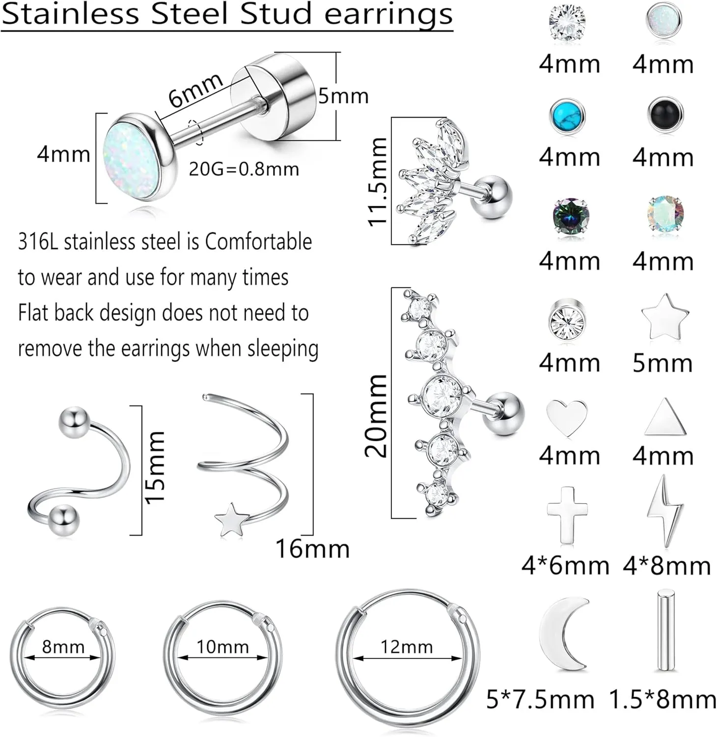 YADOCA Surgical Steel Stud Earrings Set - Women & Men's Small CZ Heart Star Moon Flat Back Earrings - Hypoallergenic 20G Tiny Cartilage Stud Hoops Helix Tragus Daith Piercing Jewelry