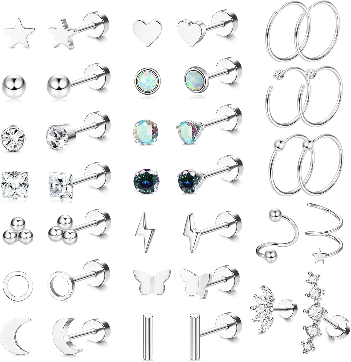 YADOCA Surgical Steel Stud Earrings Set - Women & Men's Small CZ Heart Star Moon Flat Back Earrings - Hypoallergenic 20G Tiny Cartilage Stud Hoops Helix Tragus Daith Piercing Jewelry