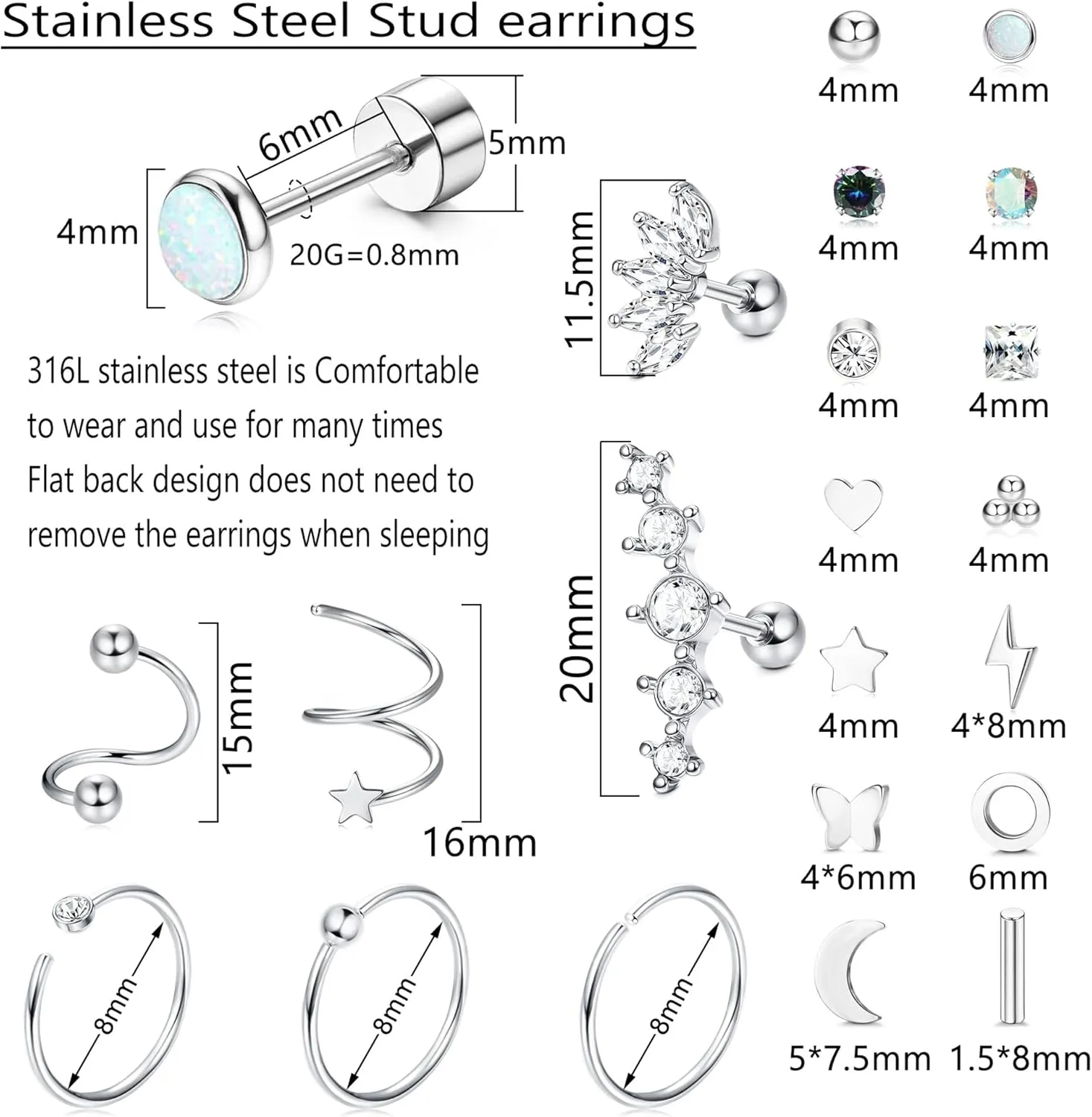YADOCA Surgical Steel Stud Earrings Set - Women & Men's Small CZ Heart Star Moon Flat Back Earrings - Hypoallergenic 20G Tiny Cartilage Stud Hoops Helix Tragus Daith Piercing Jewelry