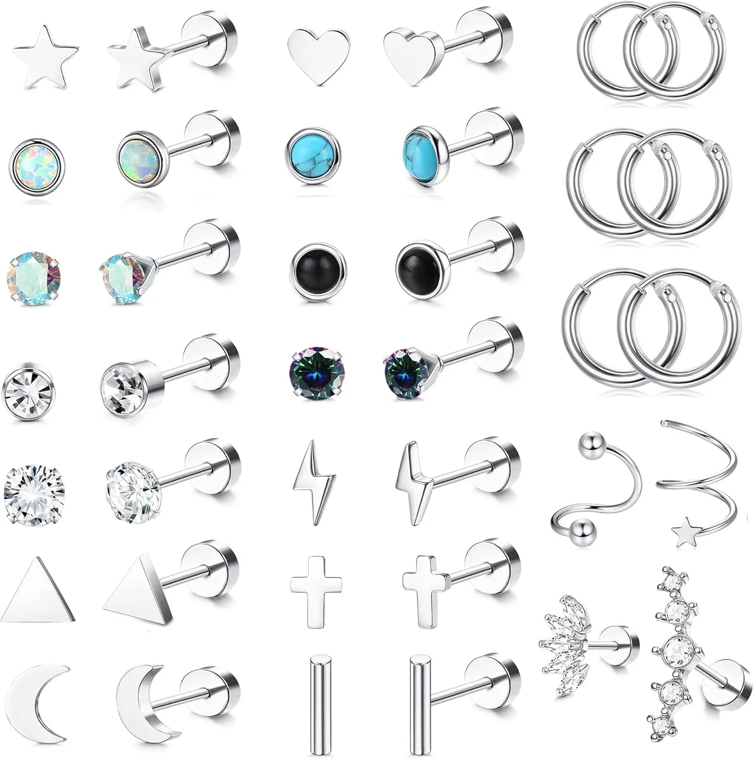 YADOCA Surgical Steel Stud Earrings Set - Women & Men's Small CZ Heart Star Moon Flat Back Earrings - Hypoallergenic 20G Tiny Cartilage Stud Hoops Helix Tragus Daith Piercing Jewelry