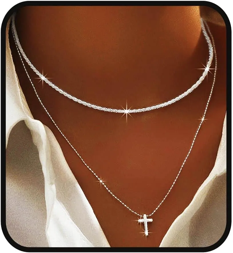 Yalice 925 Sterling Silver Sparkly Necklace Layered Dainty Chain Necklace Silver Cross Pendant Paperclip Necklaces Waterproof Minimalist Jewelry Gifts