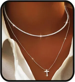 Yalice 925 Sterling Silver Sparkly Necklace Layered Dainty Chain Necklace Silver Cross Pendant Paperclip Necklaces Waterproof Minimalist Jewelry Gifts