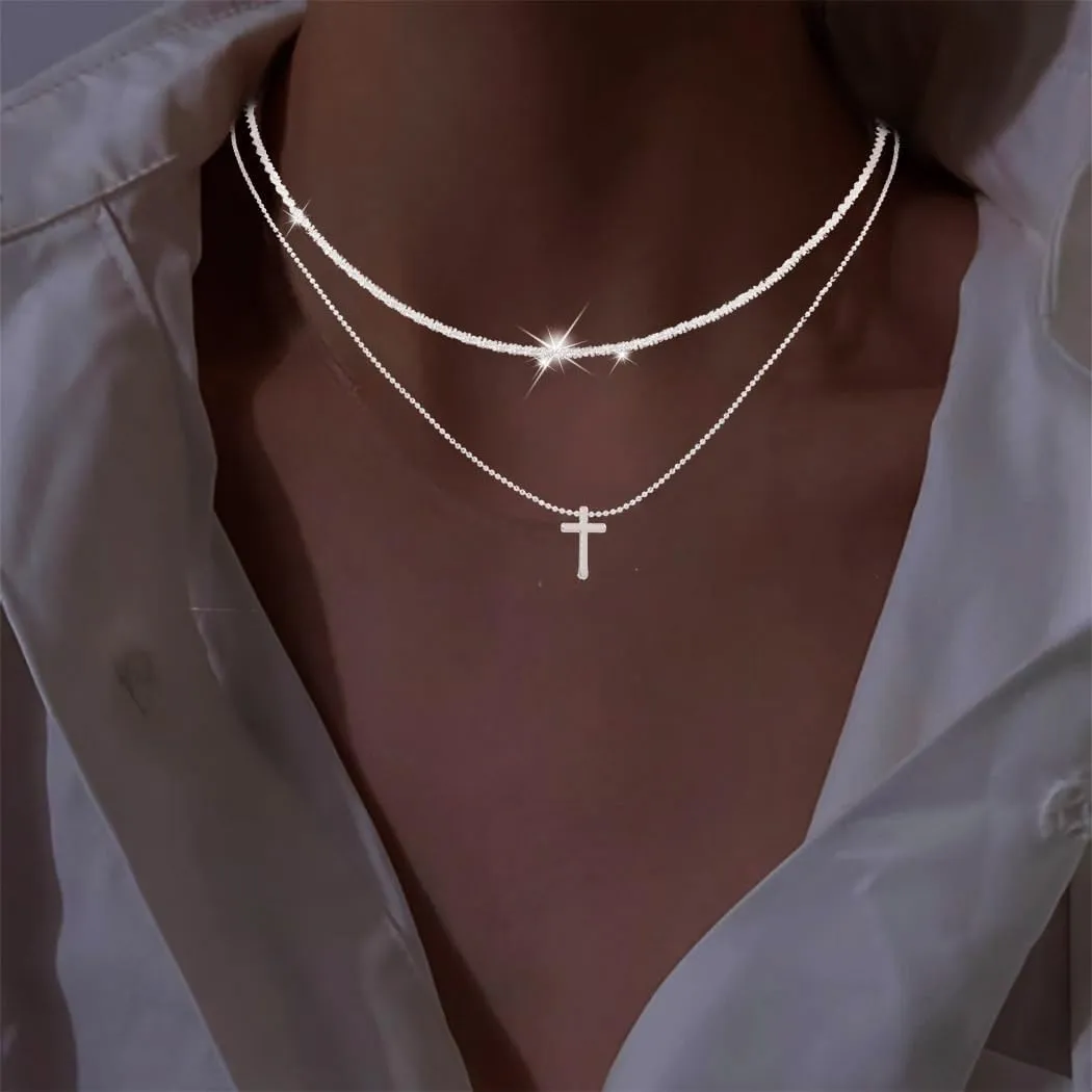 Yalice 925 Sterling Silver Sparkly Necklace Layered Dainty Chain Necklace Silver Cross Pendant Paperclip Necklaces Waterproof Minimalist Jewelry Gifts