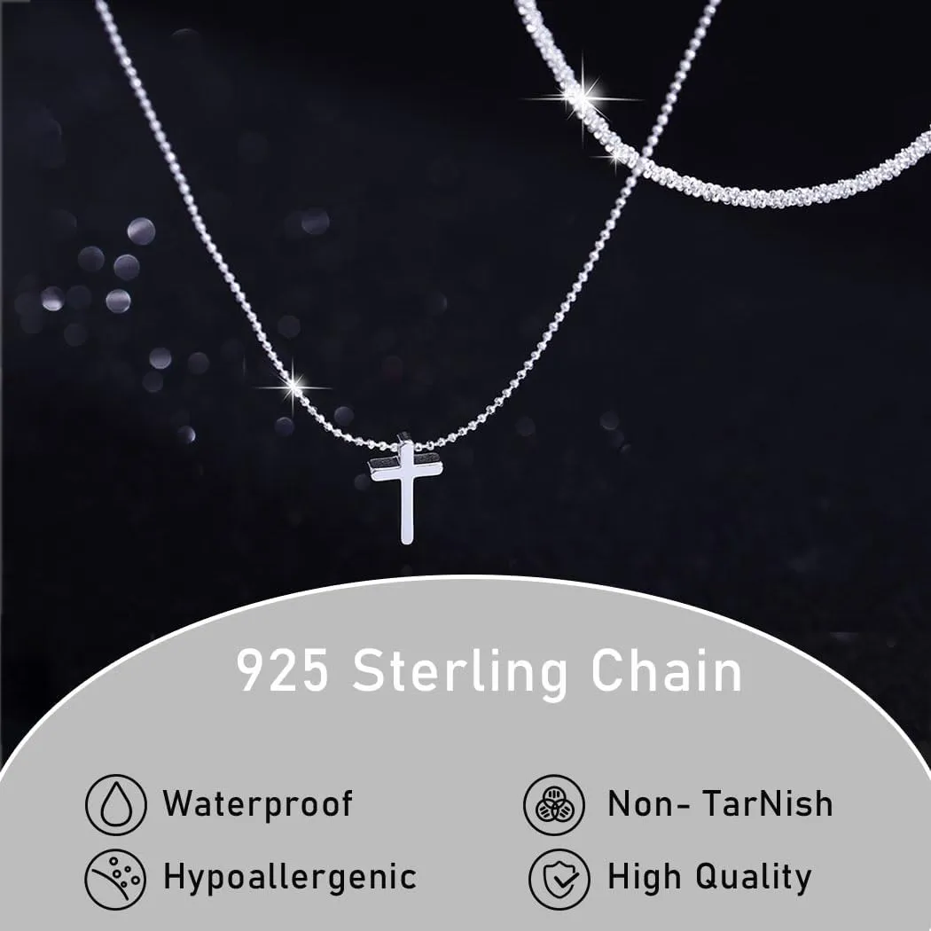 Yalice 925 Sterling Silver Sparkly Necklace Layered Dainty Chain Necklace Silver Cross Pendant Paperclip Necklaces Waterproof Minimalist Jewelry Gifts
