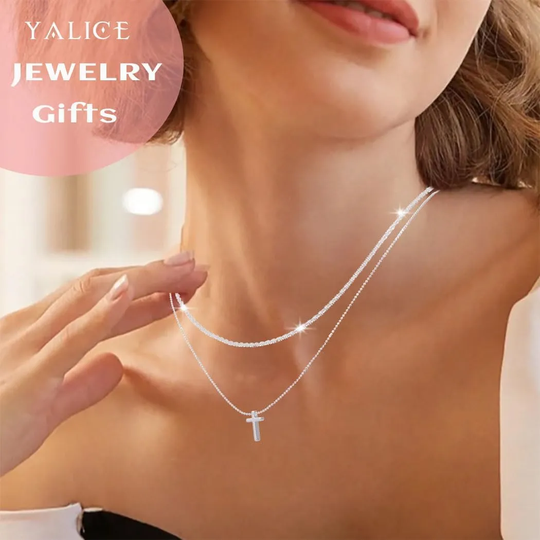 Yalice 925 Sterling Silver Sparkly Necklace Layered Dainty Chain Necklace Silver Cross Pendant Paperclip Necklaces Waterproof Minimalist Jewelry Gifts