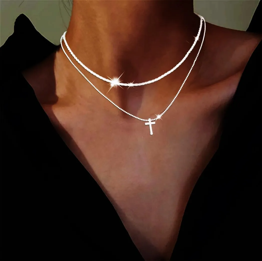 Yalice 925 Sterling Silver Sparkly Necklace Layered Dainty Chain Necklace Silver Cross Pendant Paperclip Necklaces Waterproof Minimalist Jewelry Gifts